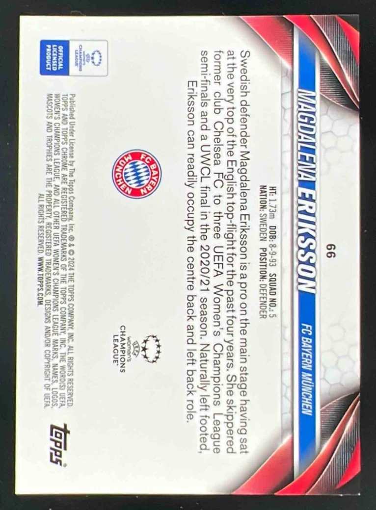 2023 Topps Chrome UEFA Women's League Black #66 Magdalena Eriksson /10 - Image 2