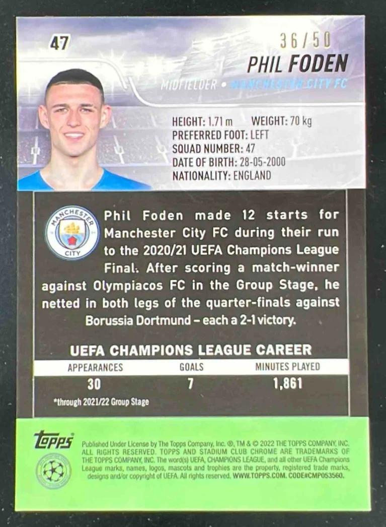 2021 Stadium Club Chrome UEFA Champions League Gold Refractor #47 Phil Foden /50 - Image 2