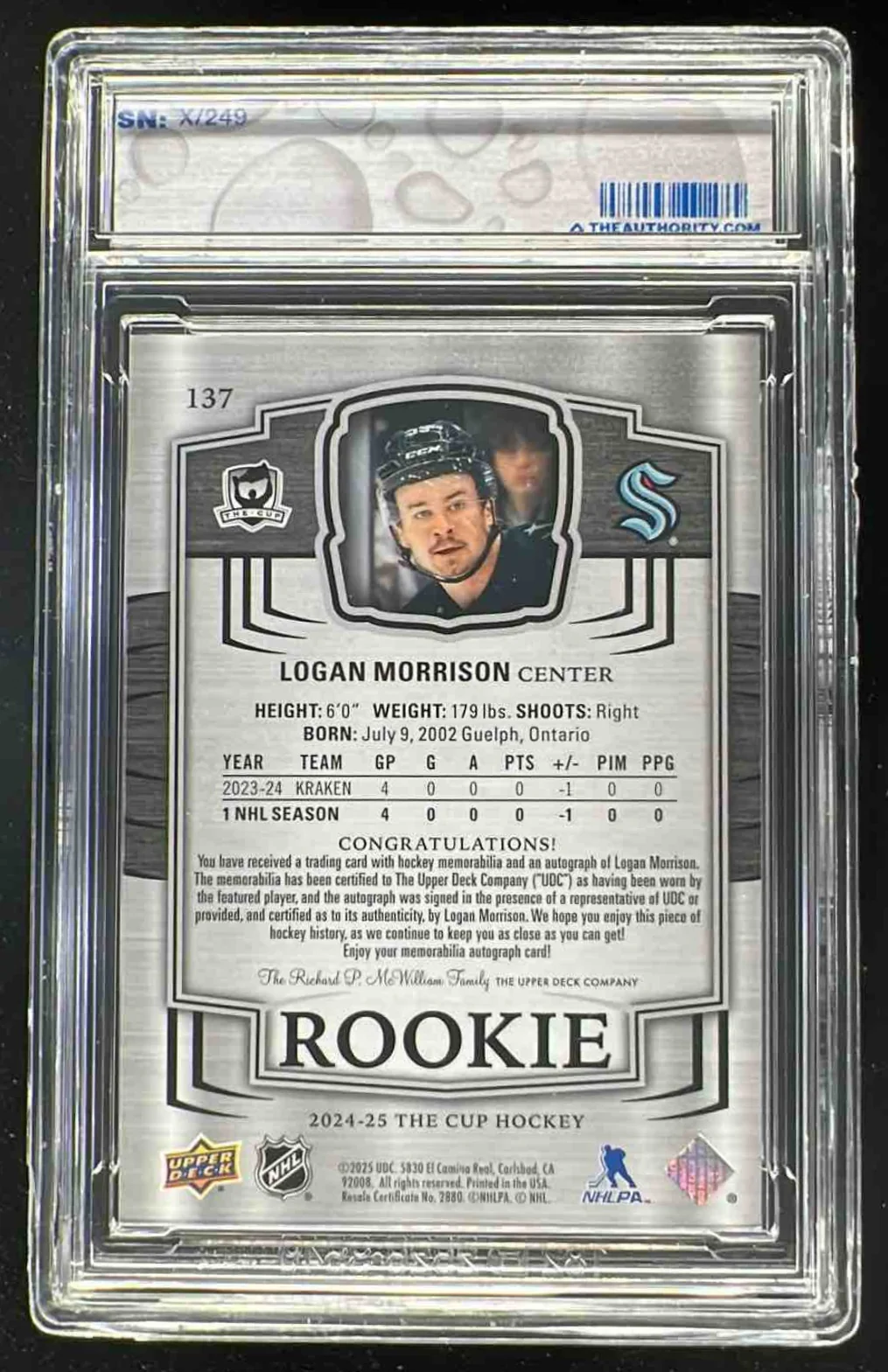 2024-25 Upper Deck The Cup #137 Logan Morrison Rookie Patch Auto /249 - Image 2
