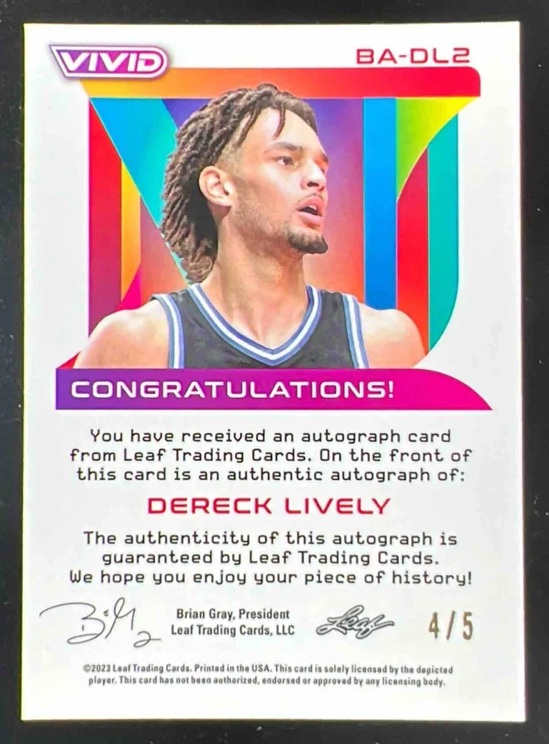 2022-23 Leaf Vivid Purple #BA-DL2 Dereck Lively Auto /5 - Image 2