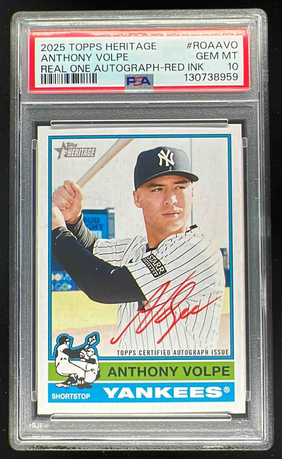 2025 Topps Heritage Real One Red Ink #ROA-AVO Anthony Volpe Auto /76 PSA 10