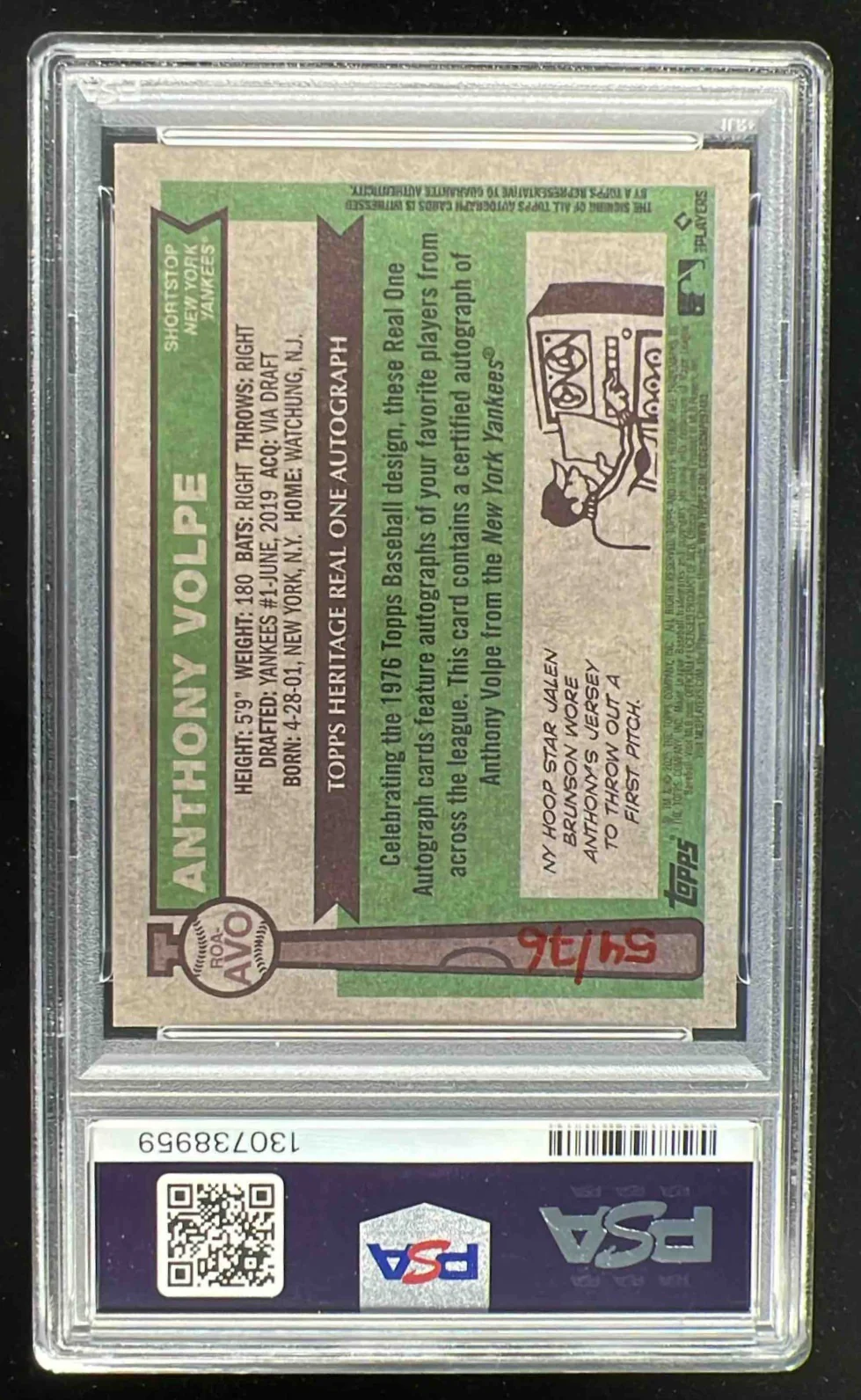 2025 Topps Heritage Real One Red Ink #ROA-AVO Anthony Volpe Auto /76 PSA 10 - Image 2