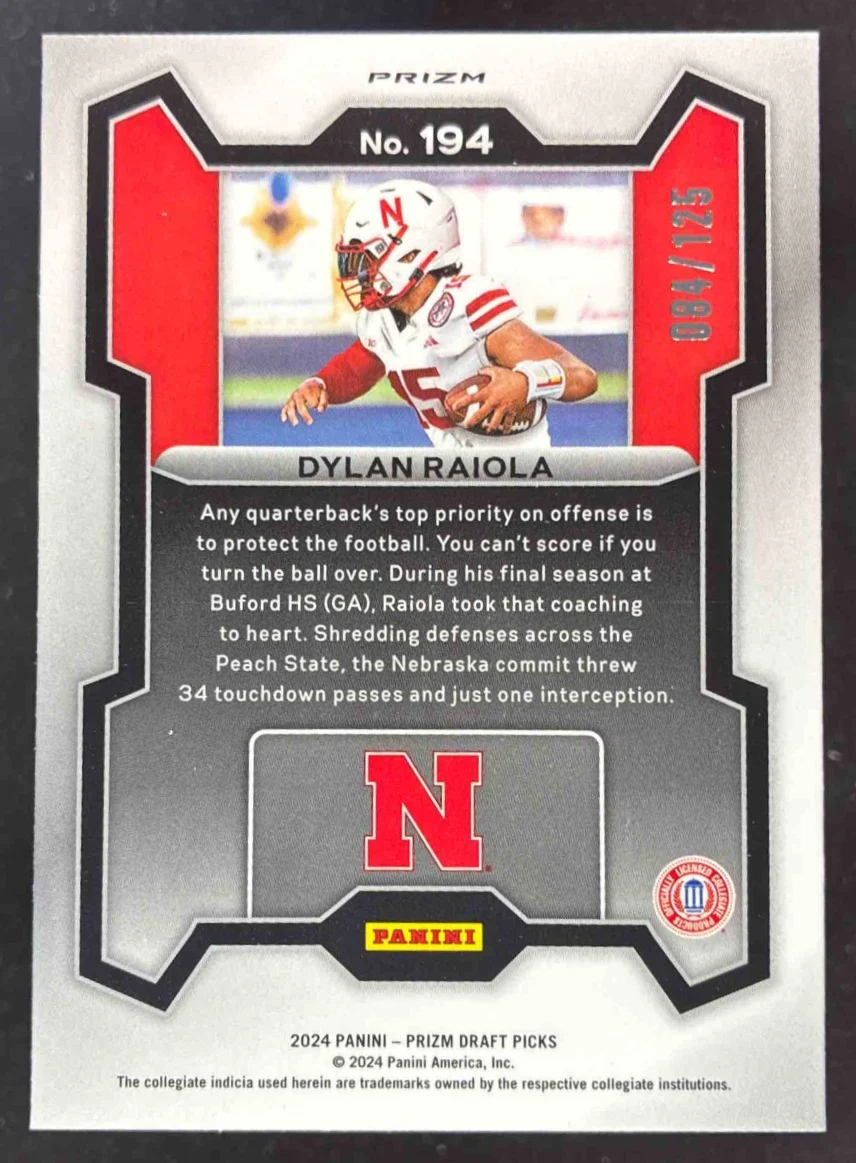 2024 Panini Prizm Collegiate Draft Red Finite #194 Dylan Raiola Prospect /125 - Image 2