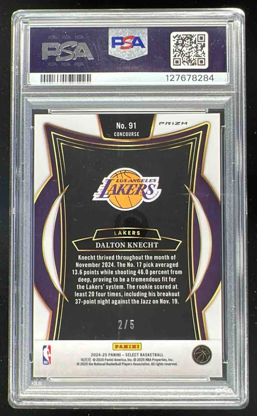 2024-25 Panini Select Concourse Green Prizm #91 Dalton Knecht RC /5 PSA 10 - Image 2