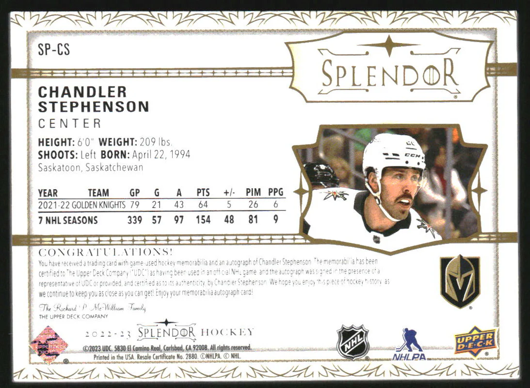 2022-23 Upper Deck Splendor Autograph Patch Chandler Stephenson Auto /36 - Image 2
