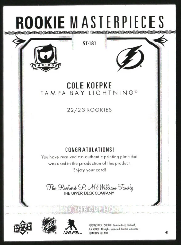 2022 The Cup Rookie Masterpieces Printing Plate Magenta Cole Koepke RC 1/1 - Image 2