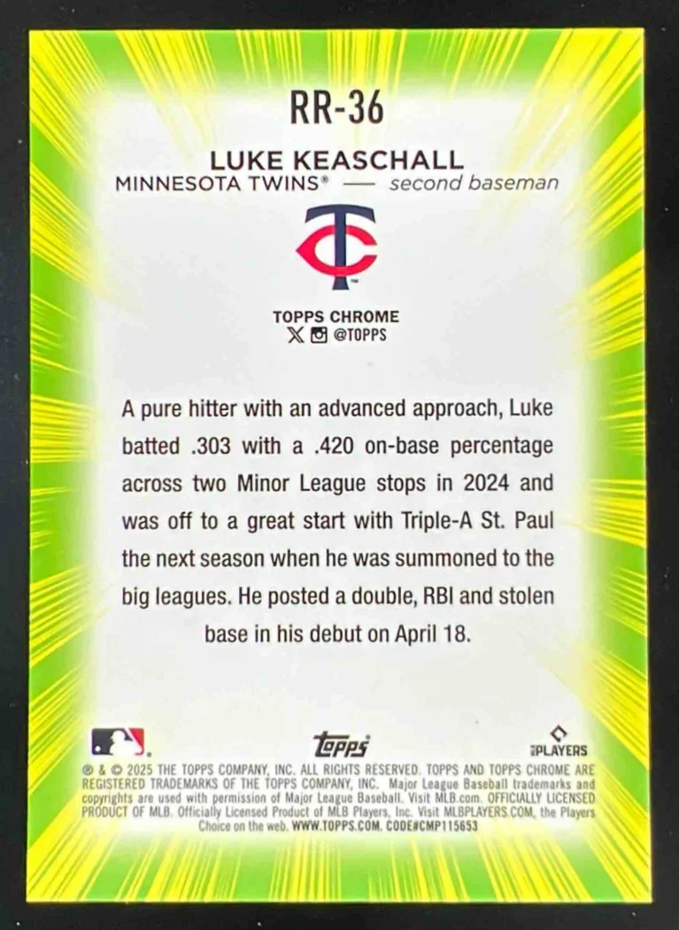 2025 Topps Chrome Update Radiating Rookie #RR-36 Luke Keaschall SP RC - Image 2