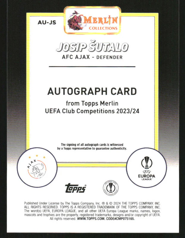 2023 Topps Merlin UEFA Club Competitions Blue Auto Josip Sutalo RC /75 - Image 2