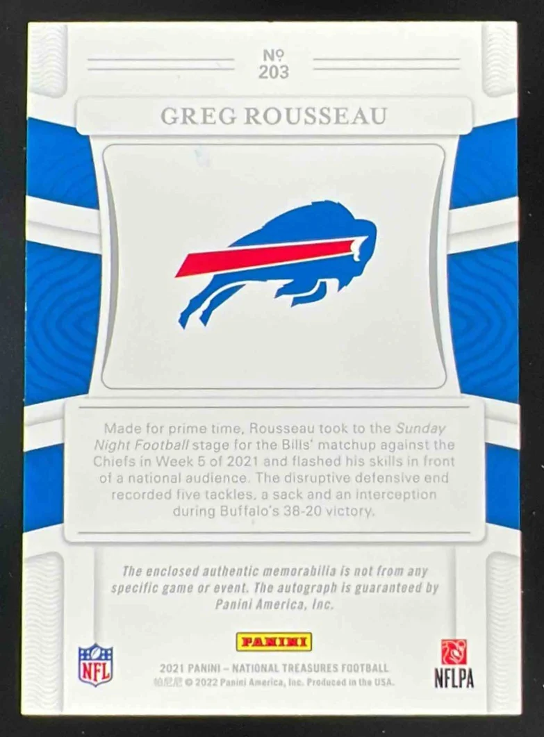 2021 Panini National Treasures #203 Greg Rousseau Autograph RC Auto /99 - Image 2