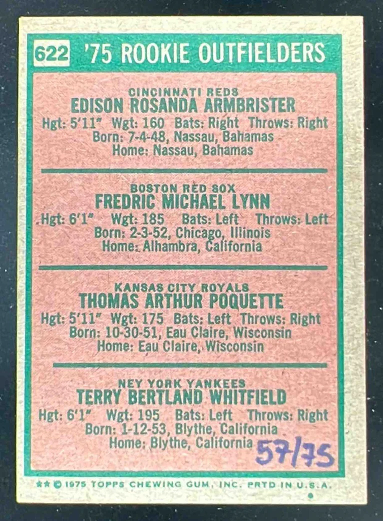1975 Topps #622 Fred Lynn Autograph Auto MVP Buy Back /75 - Image 2