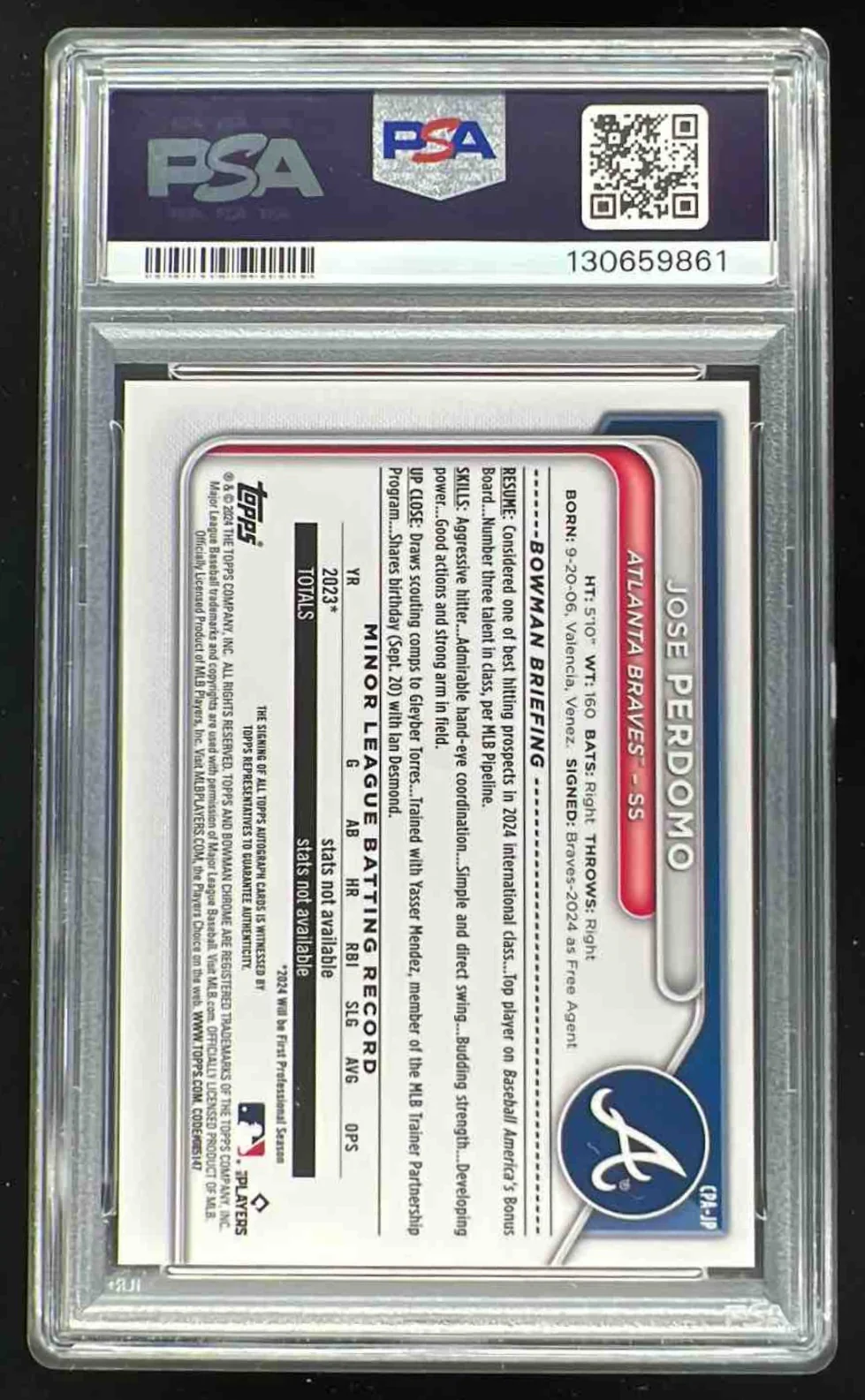 2024 Bowman Chrome Chrome Yellow Refractor #JP Jose Perdomo RC Auto /75 PSA 10 - Image 2