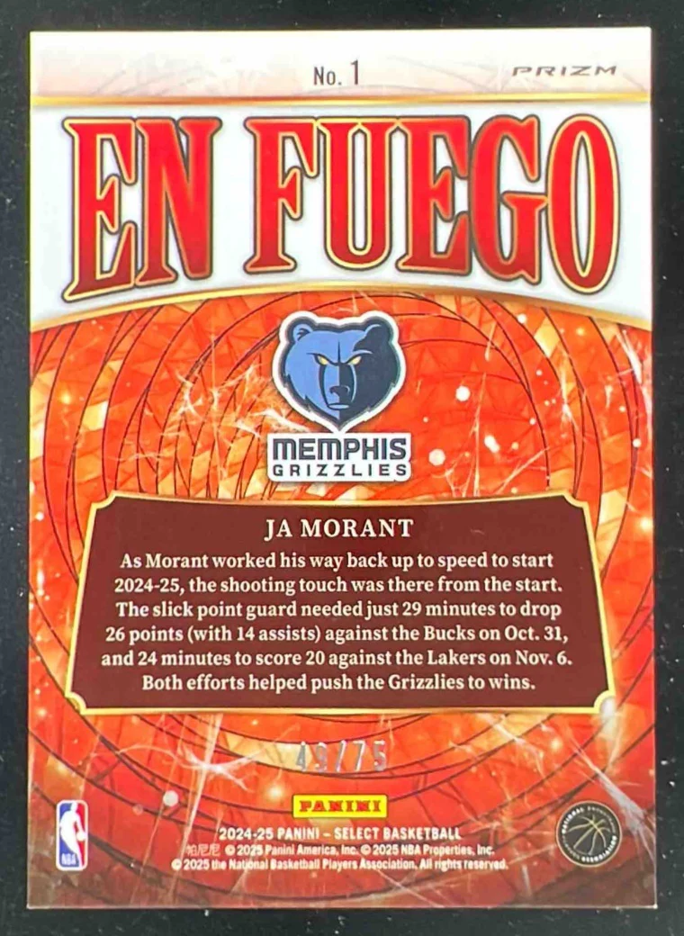 2024-25 Panini Select En Fuego Blue Prizm #1 Ja Morant /75 - Image 2