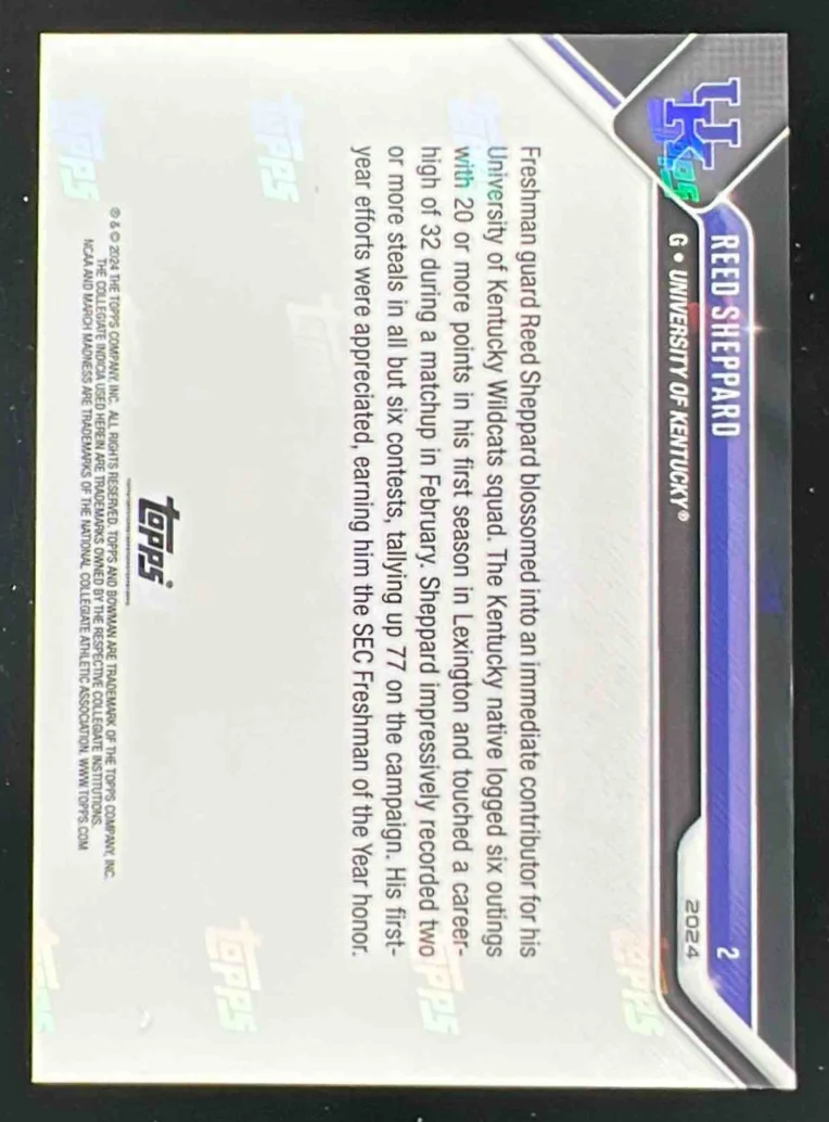 2024 Topps Bowman Now March Madness #2 Reed Sheppard - Image 2