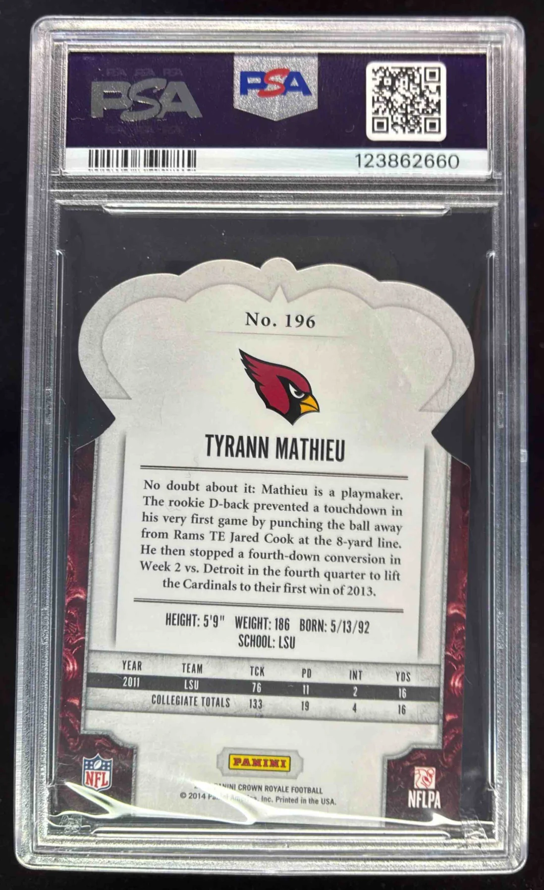2013 Panini Crown Royale Black Die Cut Crown #196 Tyrann Mathieu RC 1/1 PSA 9 - Image 2