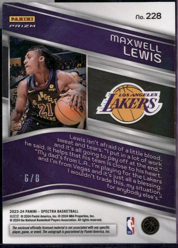 2023-24 Panini Spectra Rookie Jersey Auto Purple Wave FOTL Maxwell Lewis RC /8 - Image 2