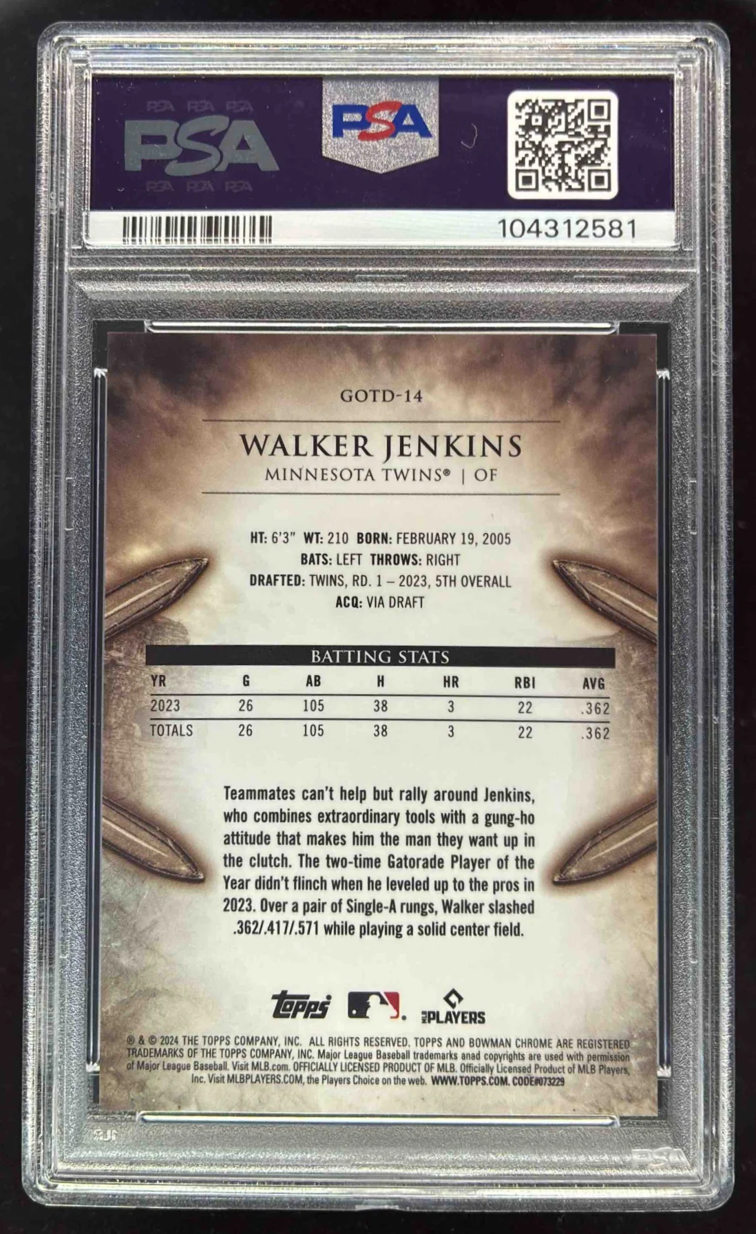 2024 Bowman Gladiators of the Diamond Chrome Orange Walker Jenkins /25 PSA 10 - Image 2