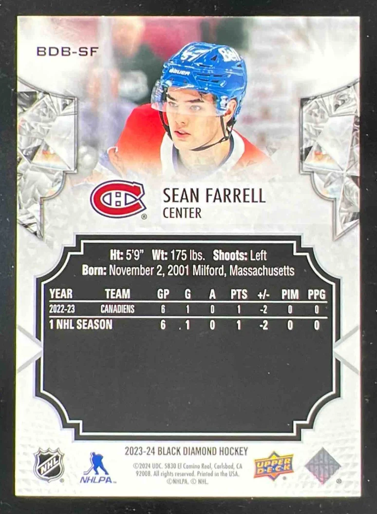 2023-24 Upper Deck Black Diamond Green #BDB-SF Sean Farrell RC /10 - Image 2