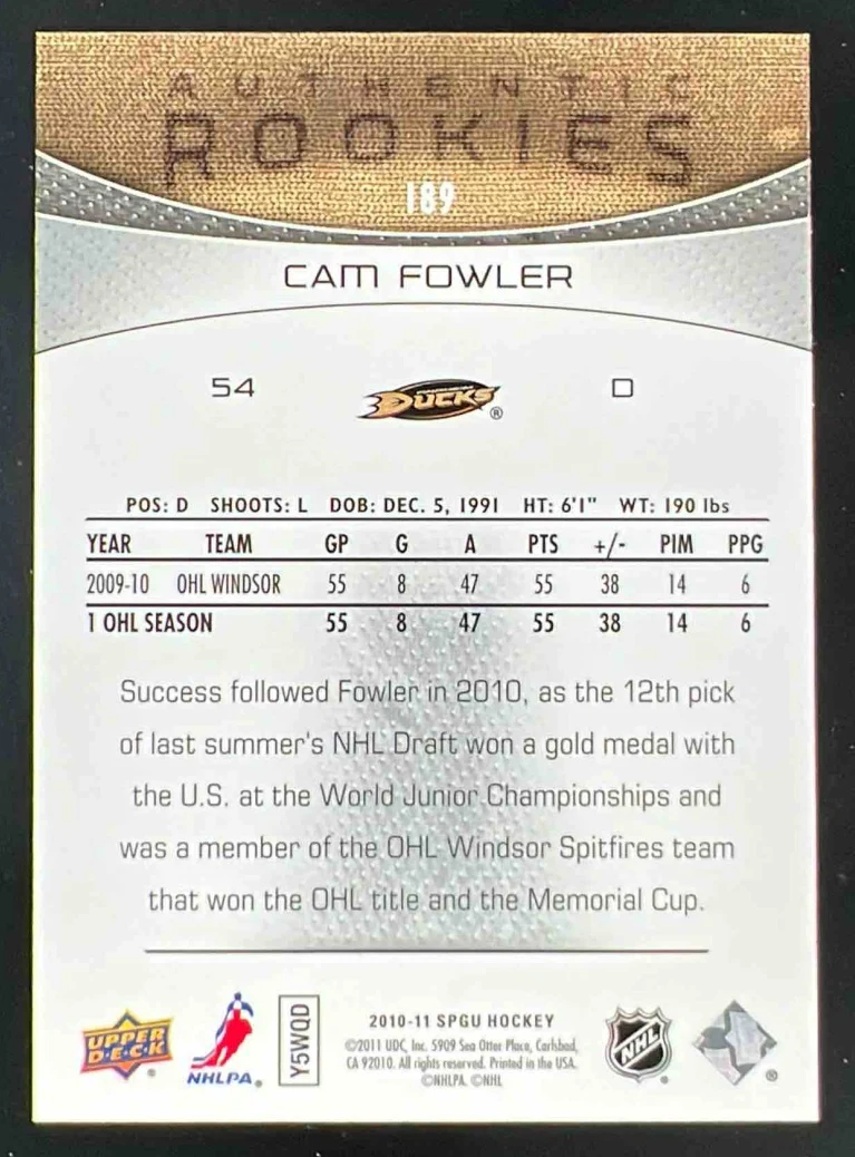 2010-11 SP Game Used Silver Spectrum #189 Cam Fowler RC /10 - Image 2