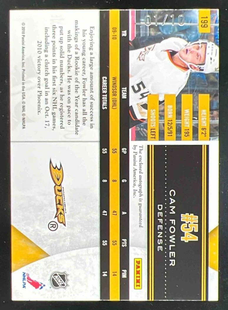 2010-11 Panini Limited Gold Spotlight #199 Cam Fowler Autograph RC Auto /10 - Image 2