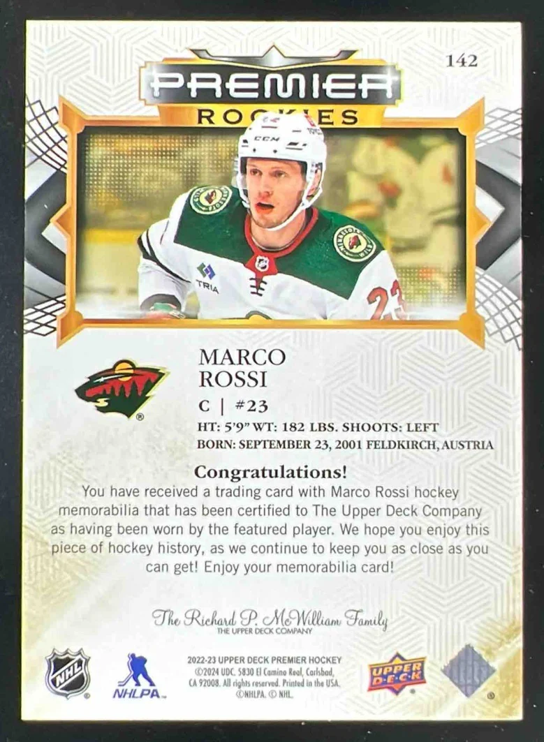 2022-23 Upper Deck Premier Premium Memorabilia #142 Marco Rossi RC /49 - Image 2