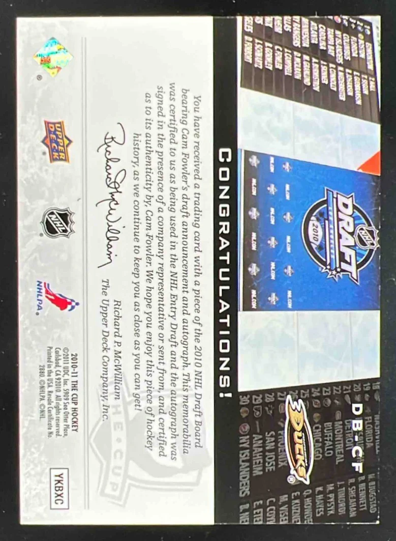 2010-11 The Cup Auto Draft Boards #DB-CF Cam Fowler Autograph RC Auto /25 - Image 2