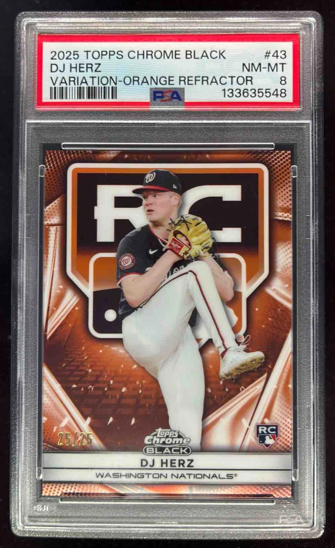 2025 Topps Chrome Black Rookie Design Variations Orange DJ Herz RC /25 PSA 8