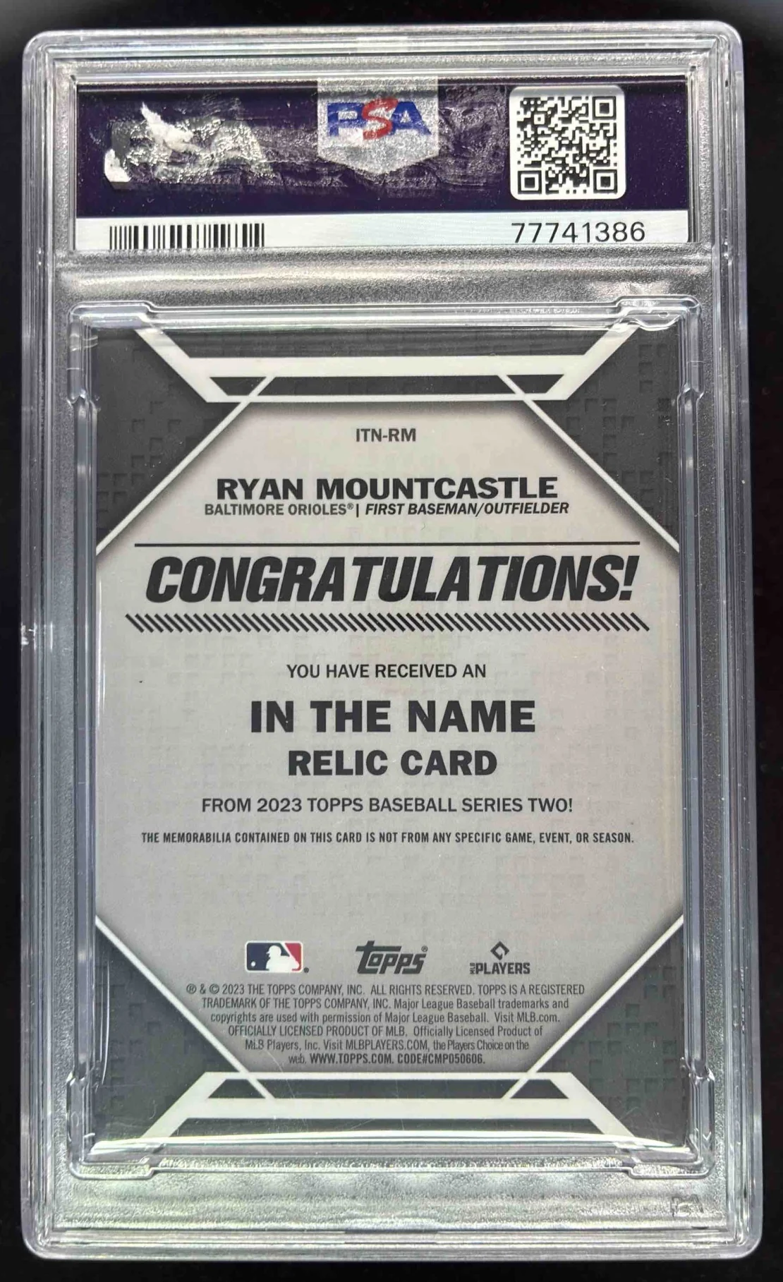 2023 Topps In the Name Nameplate Letter Relic Ryan Mountcastle 1/1 PSA Authentic - Image 2