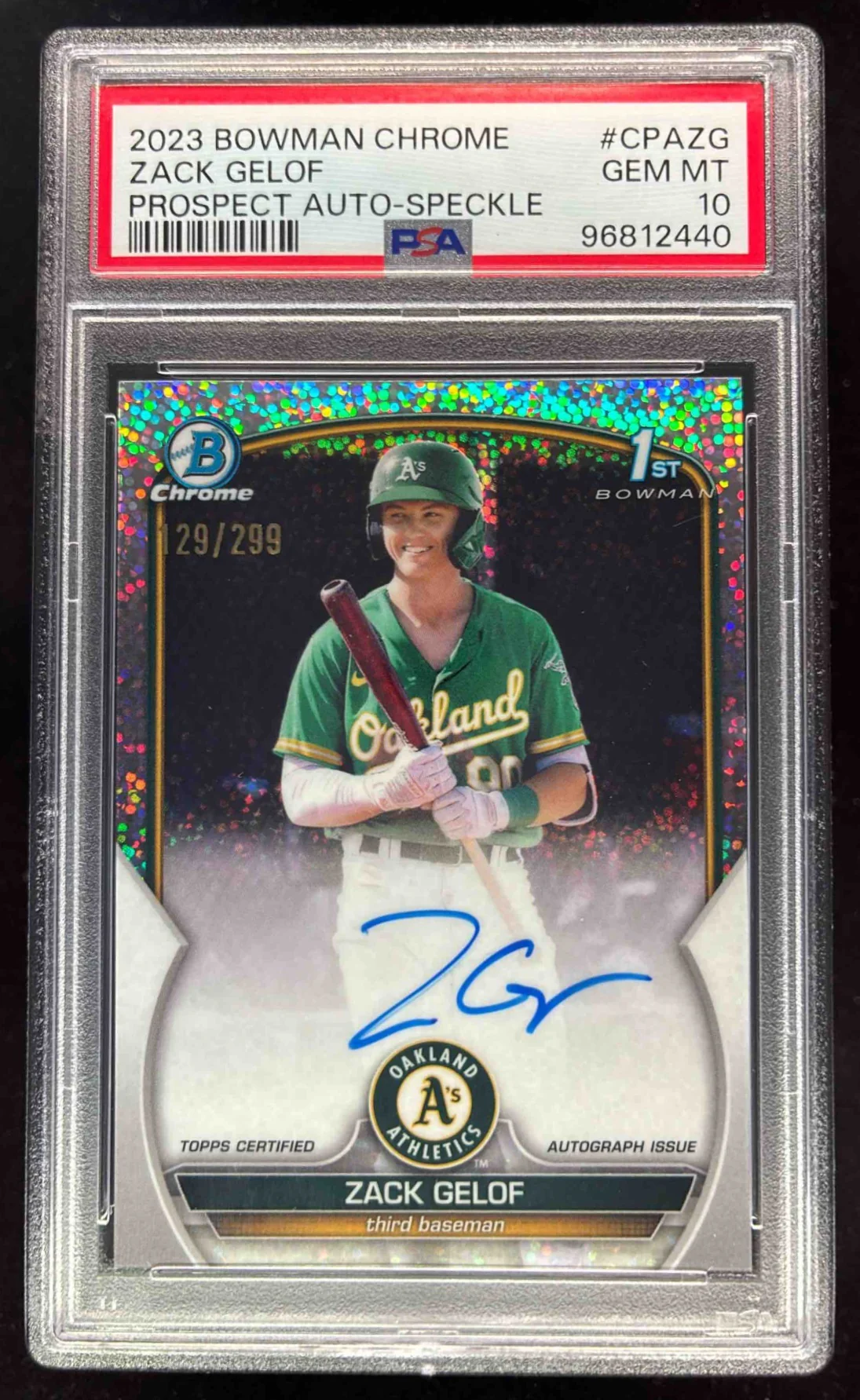 2023 Bowman Chrome Speckle Refractor #CPA-ZG Zack Gelof RC Auto /299 PSA 10