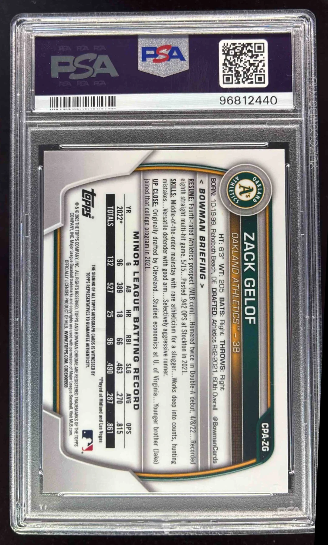 2023 Bowman Chrome Speckle Refractor #CPA-ZG Zack Gelof RC Auto /299 PSA 10 - Image 2