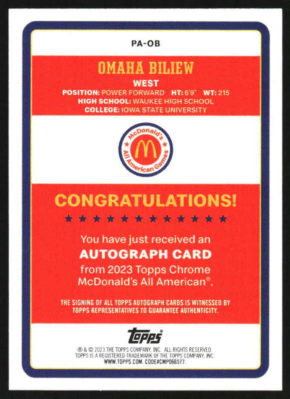 2023 Topps McDonald's All American Autograph Omaha Biliew Auto - Image 2