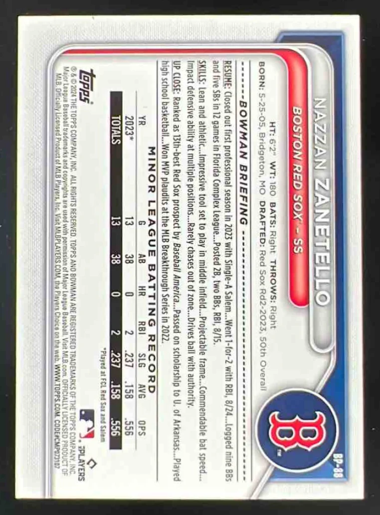 2024 Bowman Prospects Red #BP-88 Nazzan Zanetello /5 - Image 2