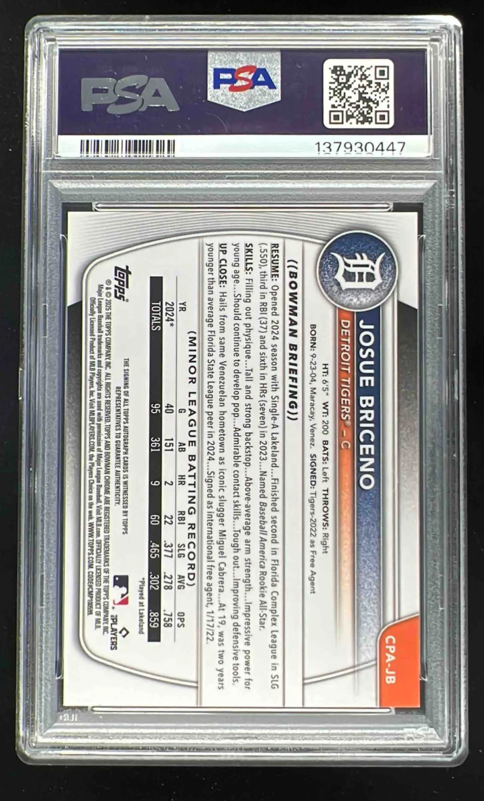2025 Bowman Chrome Purple Refractor #CPA-JB Josue Briceno RC Auto /250 PSA 10 - Image 2