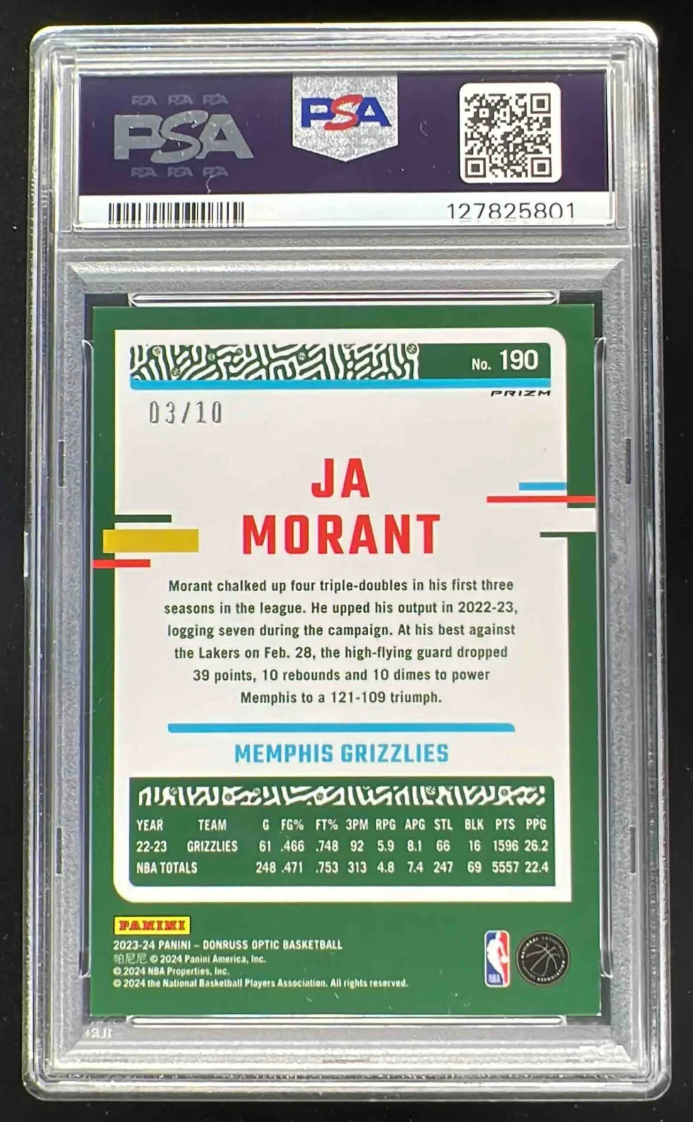 2023-24 Panini Donruss Optic Fast Break Gold #190 Ja Morant /10 PSA 7 - Image 2
