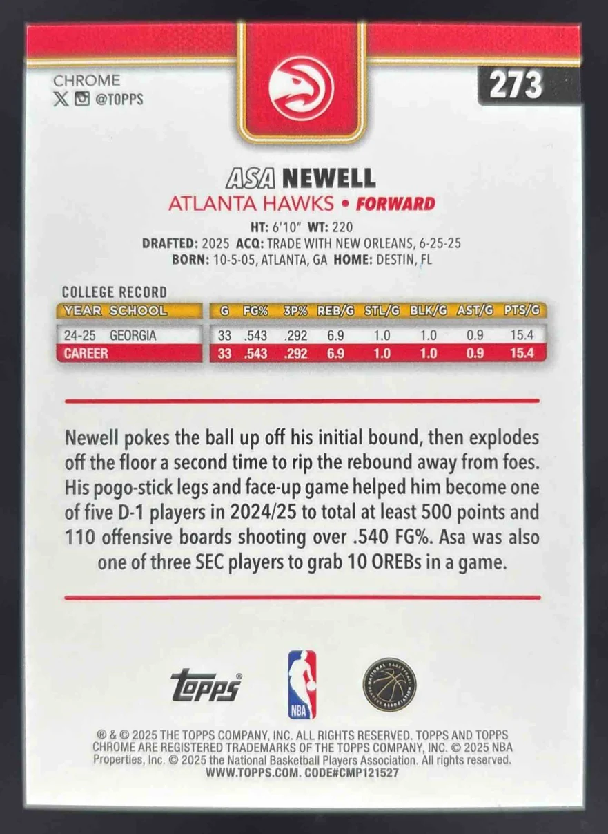 2025-26 Topps Chrome Geometric Orange Refractor #273 Asa Newell RC /25 - Image 2