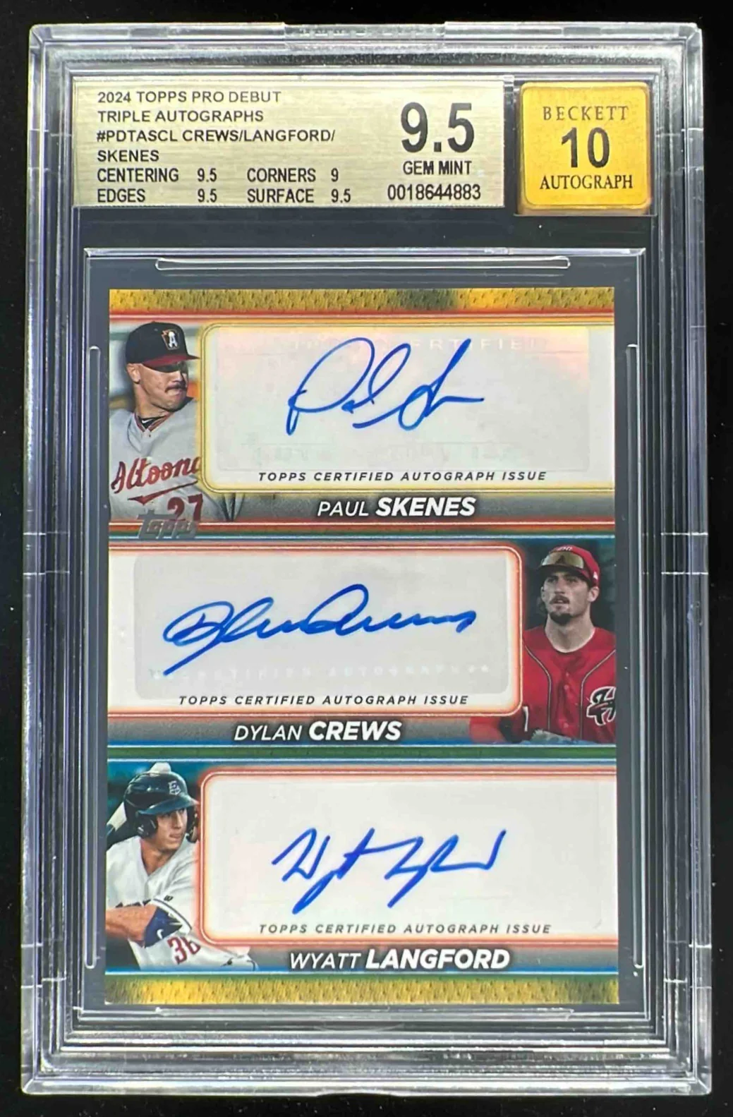 2024 Topps Pro Debut Triple Auto Crews Wyatt Langford Paul Skenes /25 BGS 9.5