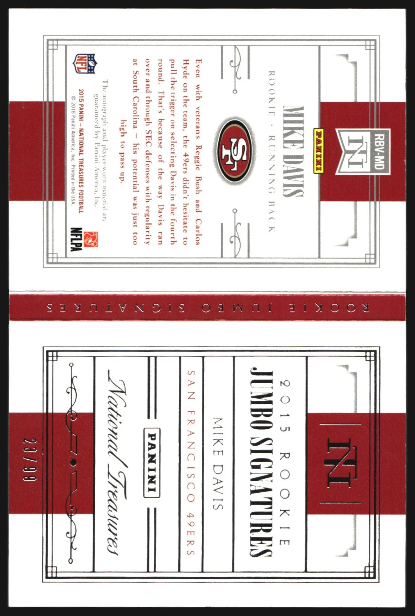 2015 National Treasures Prime Booklet Vertical Variation Mike Davis RC Auto /99 - Image 2