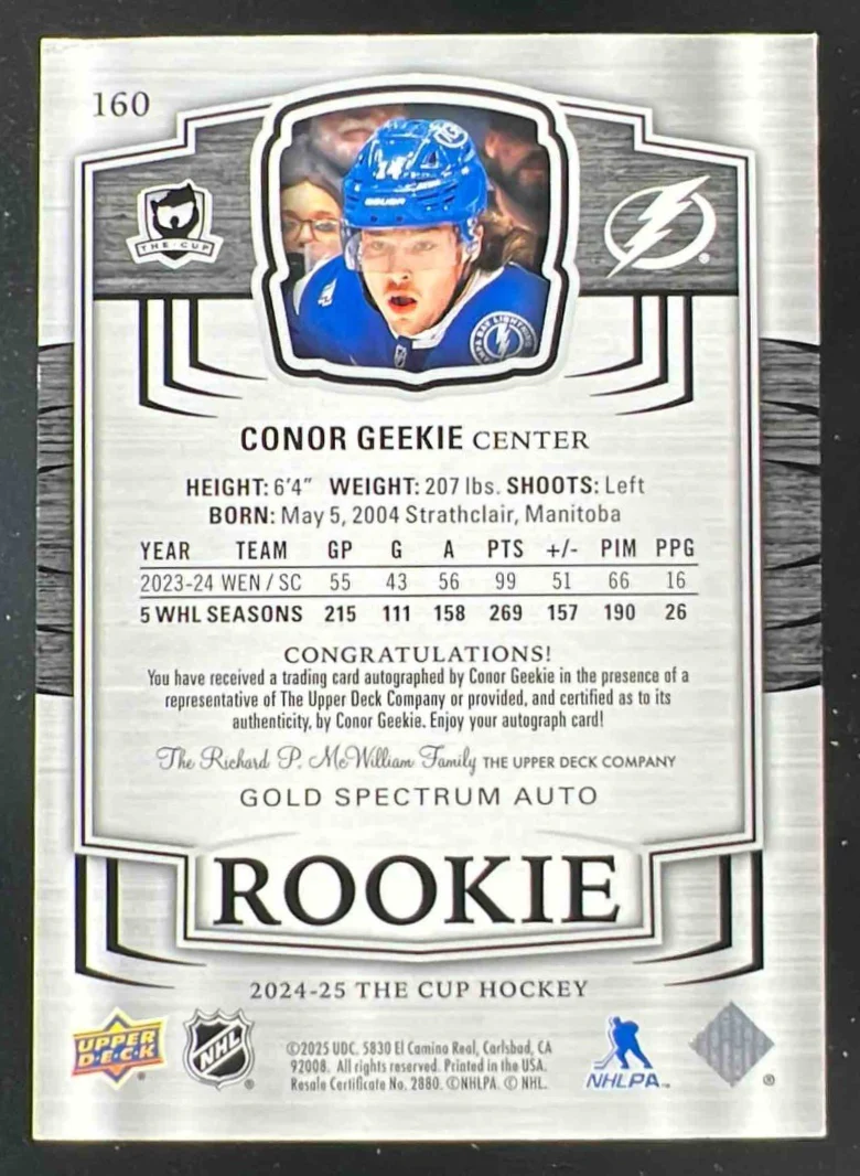 2024-25 The Cup Gold Spectrum #160 Conor Geekie RC Auto /36 - Image 2