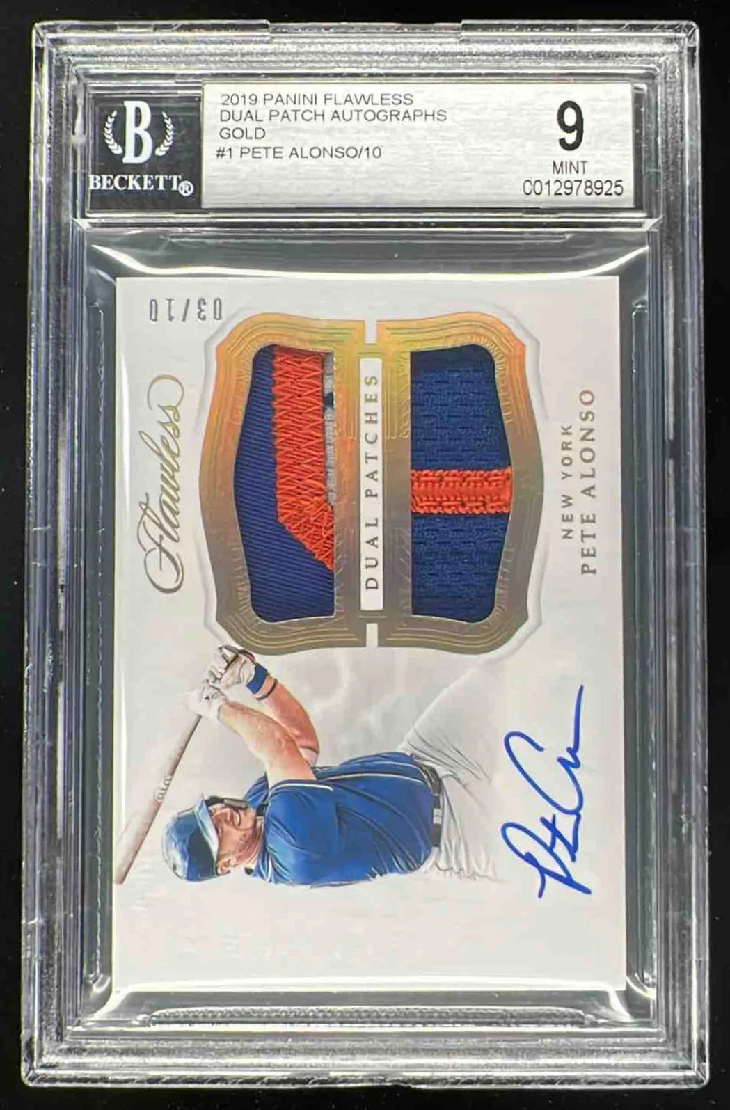 2019 Panini Flawless Dual Patch Auto Gold #DPA-PA Pete Alonso RC /10 BGS 9