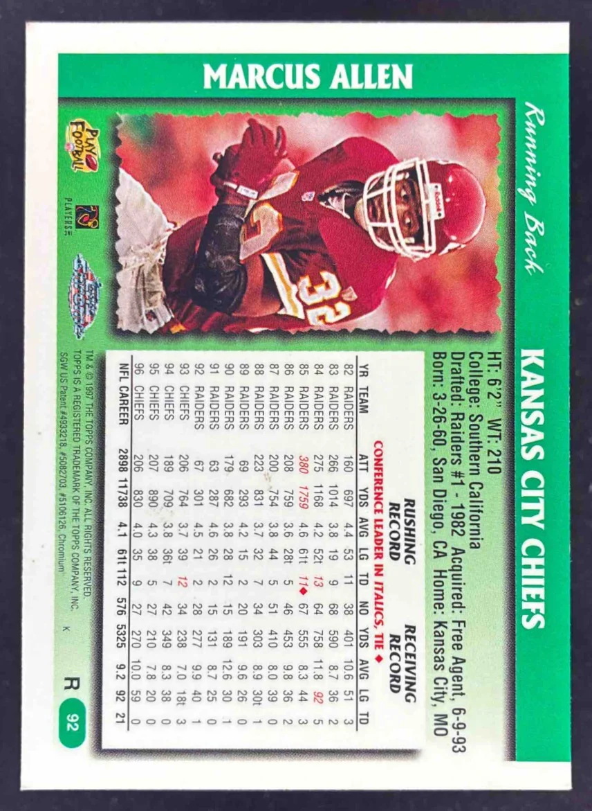 1997 Topps Chrome Refractors #92 Marcus Allen - Image 2