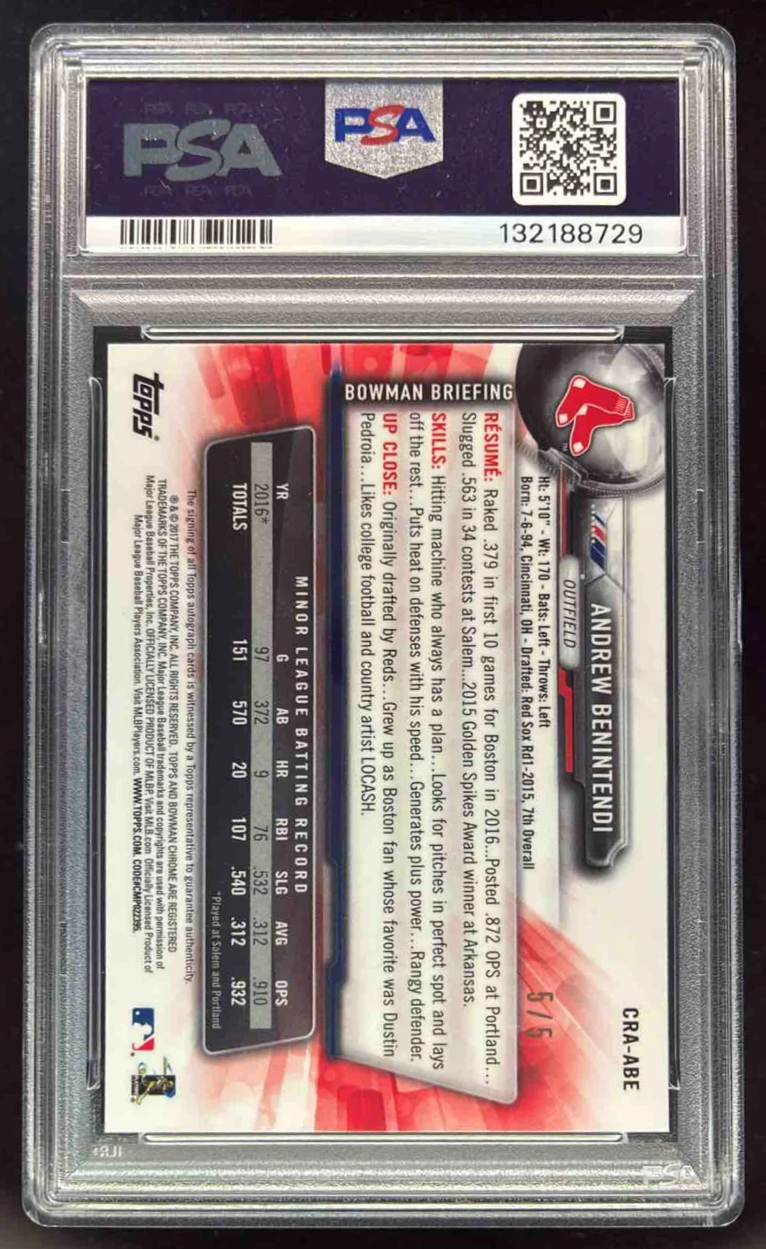 2017 Bowman Chrome Rookie Red #CRA-ABE Andrew Benintendi RC Auto /5 PSA 10 - Image 2