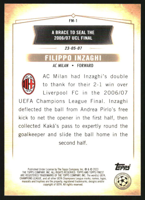 2022-23 Finest UEFA Club Competitions Moments Rose Gold Filippo Inzaghi /75 - Image 2