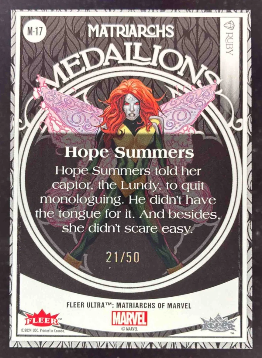 2024 Fleer Ultra Matriarchs of Marvel Medallions Ruby Red #M-17 Hope Summers /50 - Image 2