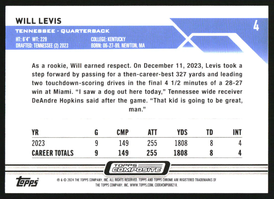 2023 Topps Composite Chrome Aqua Geometric Refractors #4 Will Levis RC /175 - Image 2