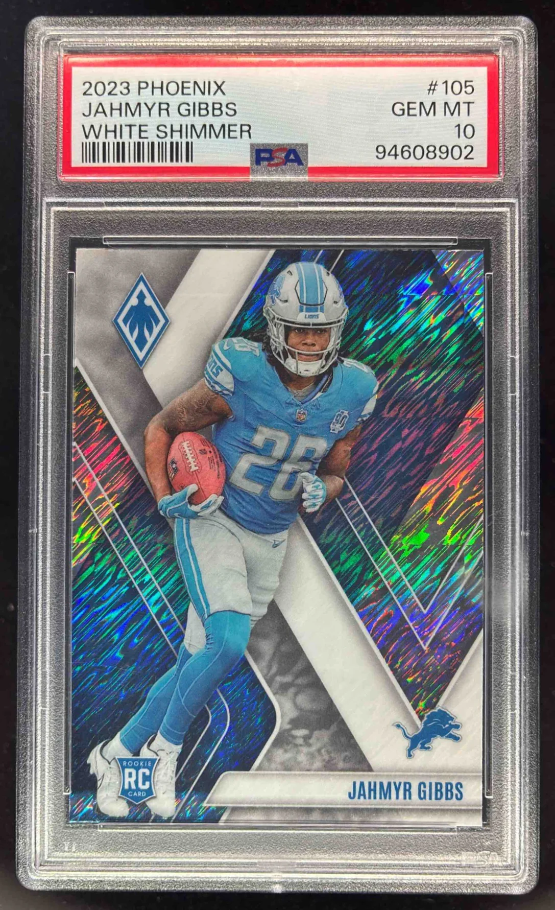 2023 Panini Phoenix White Shimmer #105 Jahmyr Gibbs RC PSA 10