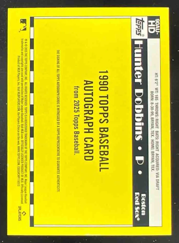 2025 Topps Update 1990 Autograph Orange Foil #90AU-HD Hunter Dobbins RC Auto /25 - Image 2
