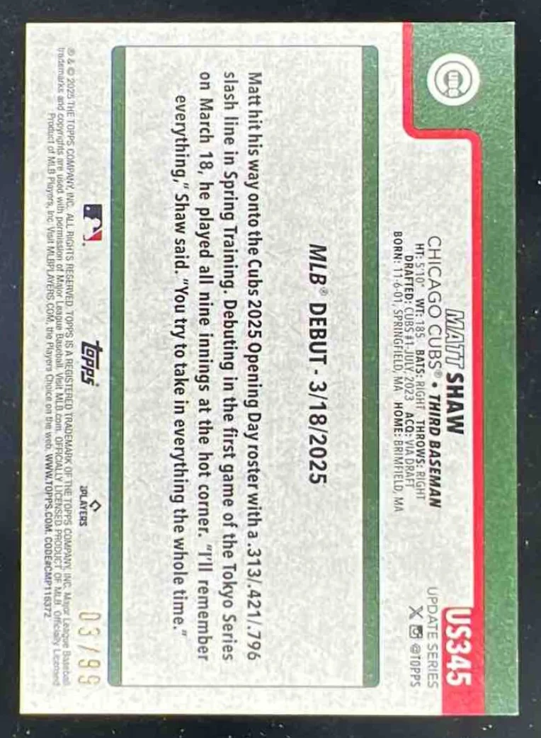 2025 Topps Update Vintage Stock #US345 Matt Shaw RC Rookie Debut /99 - Image 2