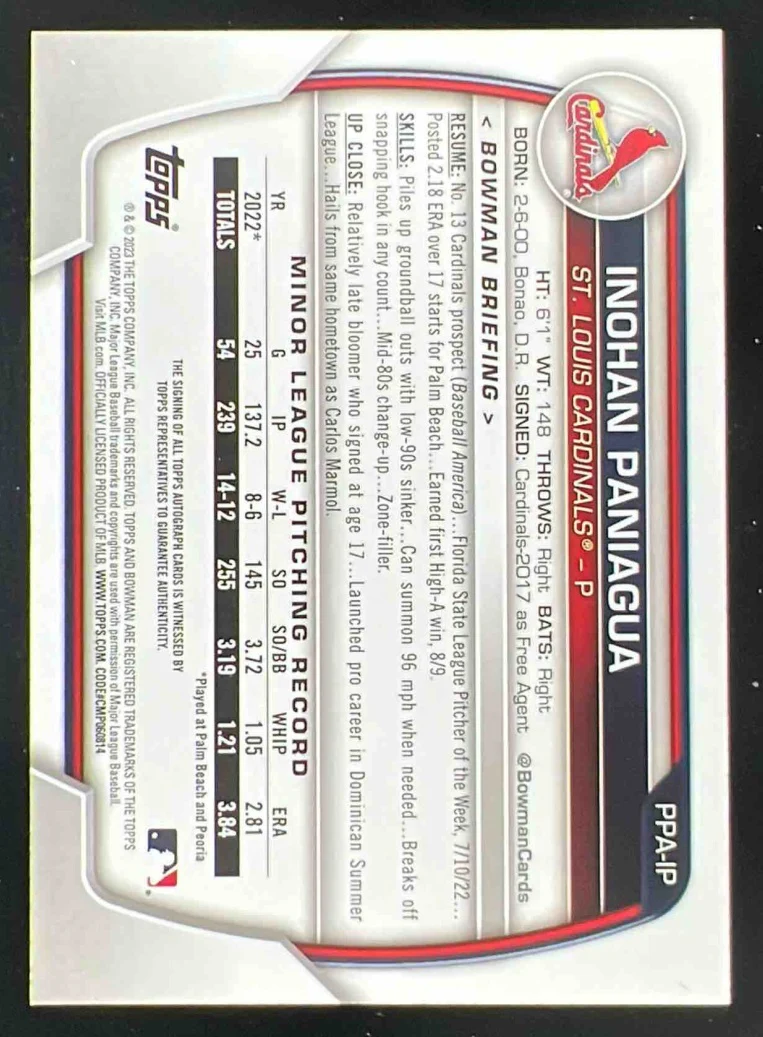 2023 Bowman Gold #PPA-IP Inohan Paniagua Autograph RC Auto /50 - Image 2