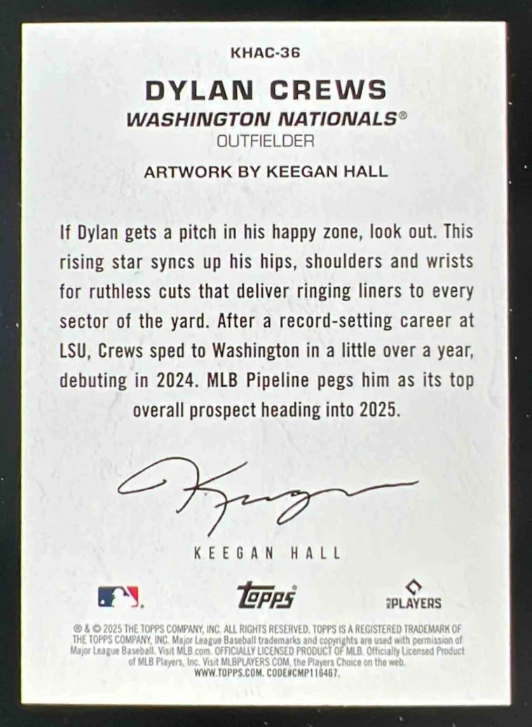 2025 Topps Update Keegan Hall Art Cards #KHAC36 Dylan Crews RC - Image 2