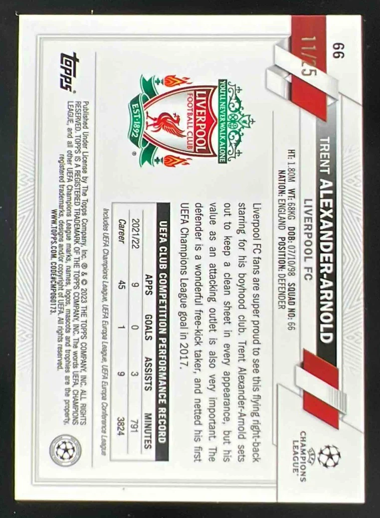 2021 Topps Stadium Club Chrome Orange Refractor #66 Trent Alexander-Arnold /25 - Image 2