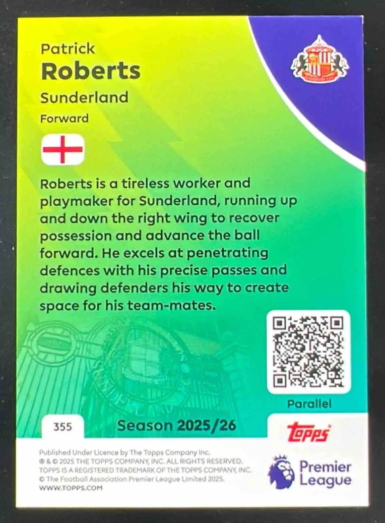 2025-26 Topps Premier League Black Rainbow Foil #355 Patrick Roberts /10 - Image 2